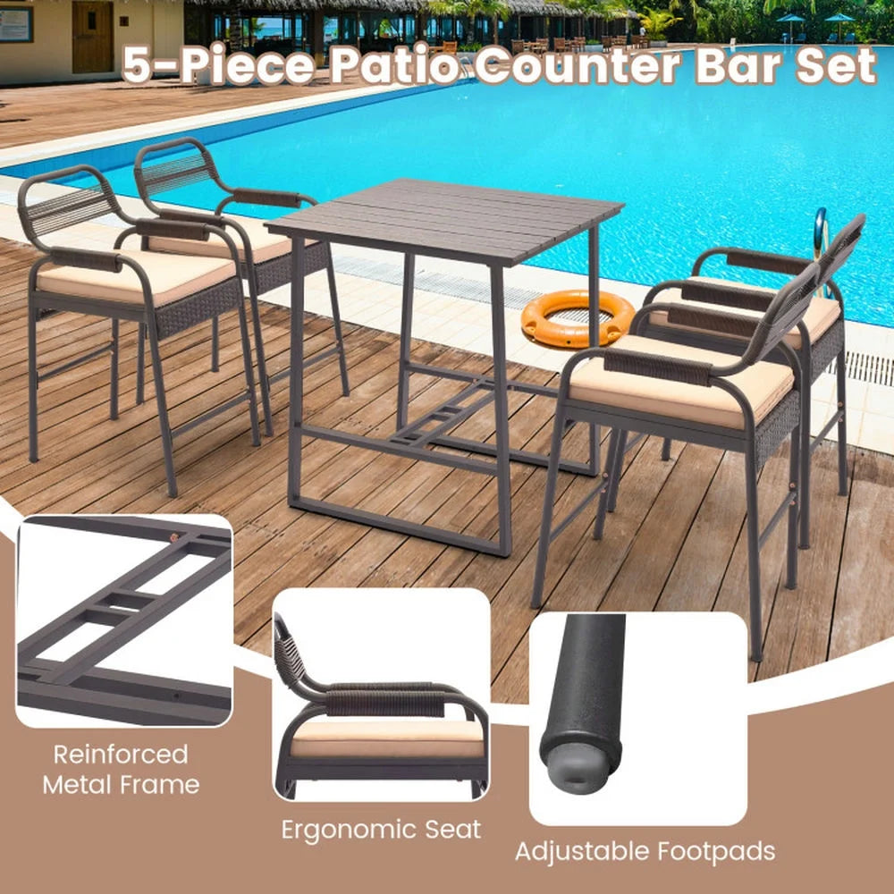 Spaco 5 Piece Rattan Counter Set with 4 Stools and Polywood Bar Table, Outdoor Chairs, Patio Chair, Outdoor Patio Furniture-Brown