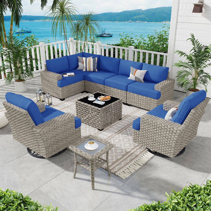Ovios 9 Pieces Outdoor Patio Furniture with Swivel Chairs High-Back All-Weather Rattan Wicker Conversation Set Outdoor Sectional with Solar Light Coffee Table