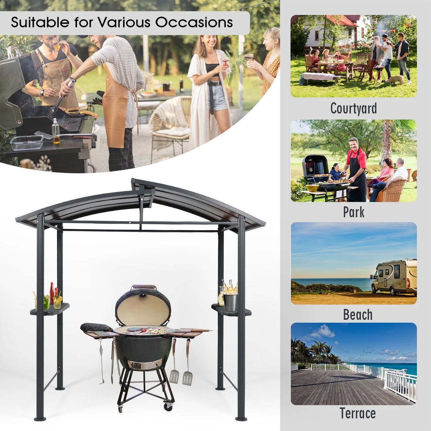 Aoodor 8 x 5 ft. Hardtop BBQ Grill Gazebo Shelter with Side Shelves for Outdoor Patio Cooking and Barbecue