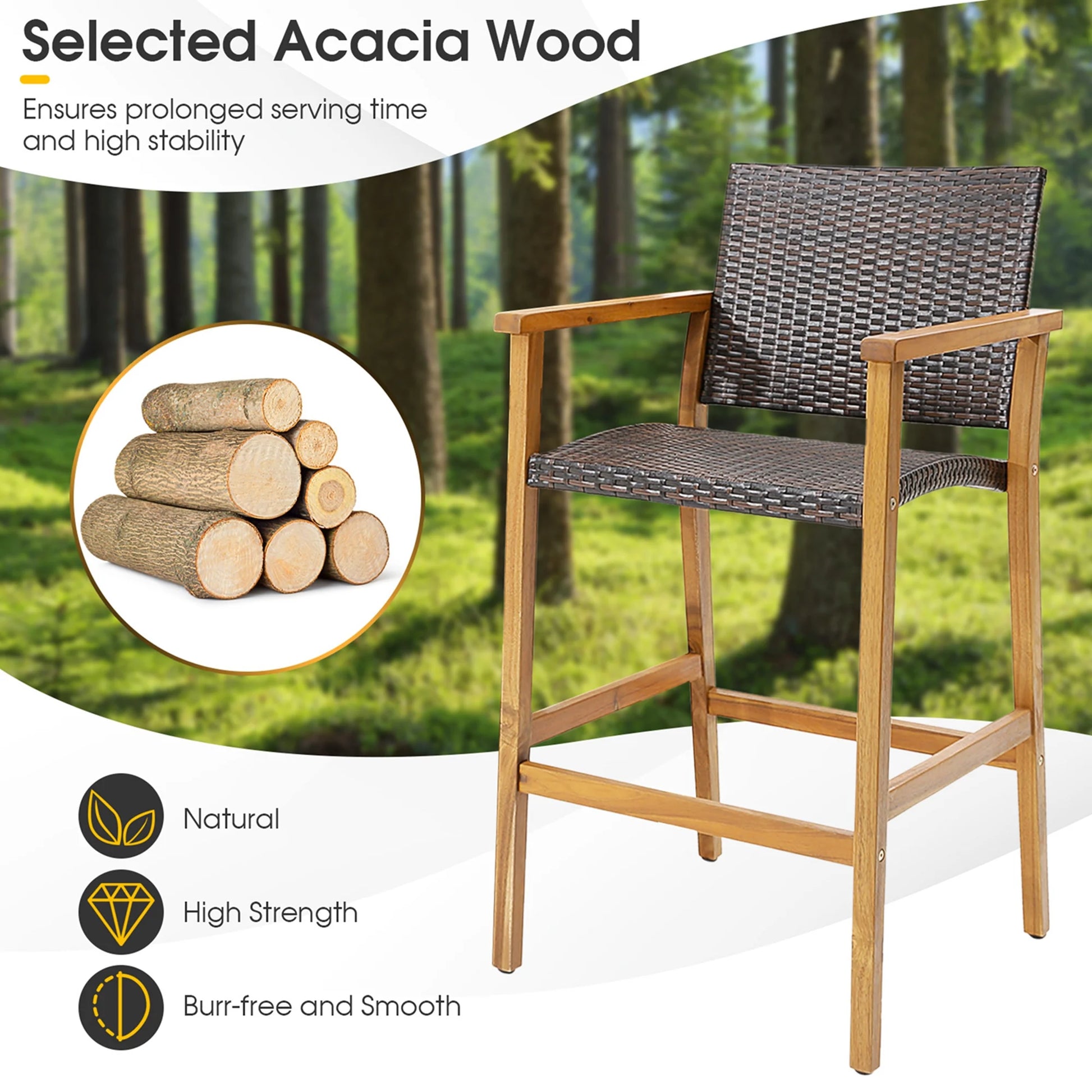 Costway 4PCS Patio PE Wicker Bar Chairs Height Barstools with Acacia Wood Armrests Balcony