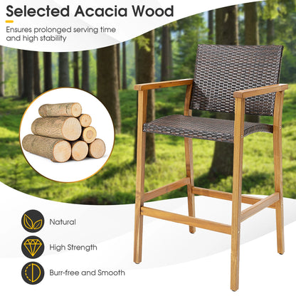 Costway 4PCS Patio PE Wicker Bar Chairs Height Barstools with Acacia Wood Armrests Balcony