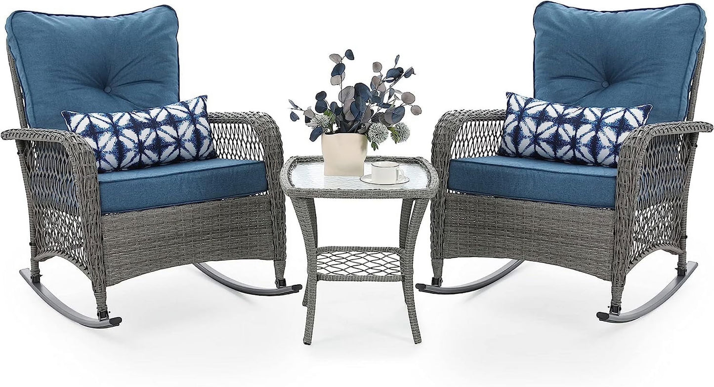Techmilly 3-Piece Outdoor Rocking Chairs, Wicker Patio Furniture with Thickened Cushions and Table for Porch (Khaki)