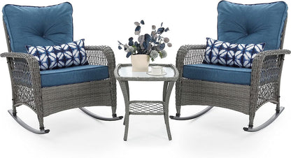 Techmilly 3-Piece Outdoor Rocking Chairs, Wicker Patio Furniture with Thickened Cushions and Table for Porch (Khaki)
