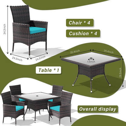 ALAULM 5 Pieces Patio Dining Set Outdoor Rattan Furniture with Square Glass Tabletop 4 Chairs with Cushions for Patio, Backyard Outdoor Kitchen Lawn & Garden Blue