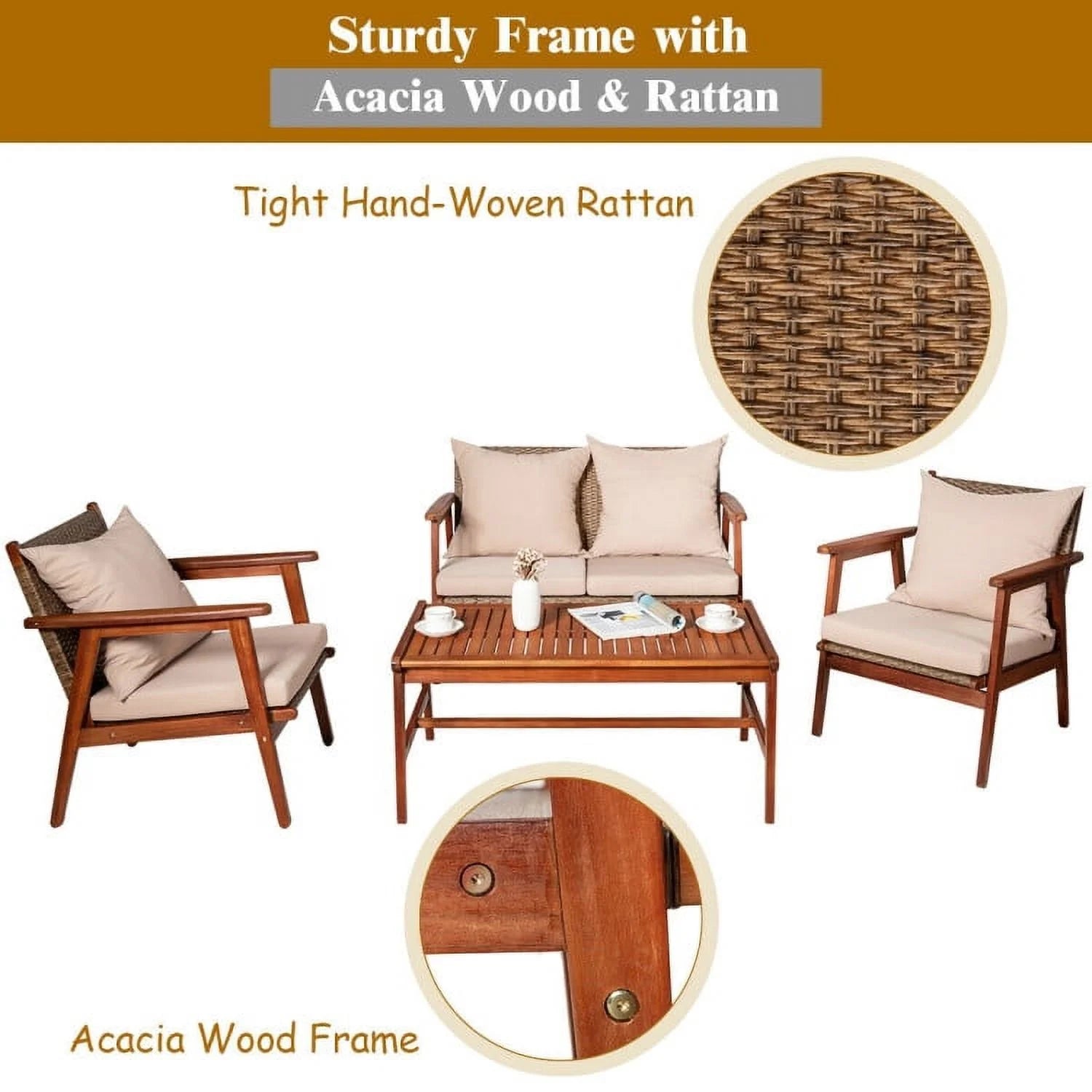 Barara King Outdoor Collection Set, Patio Conversation Table Chair Set, 4 Piece Acacia Wood Patio Rattan Furniture Set-Brown
