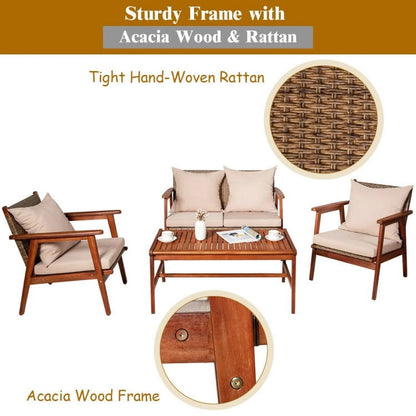 Barara King Outdoor Collection Set, Patio Conversation Table Chair Set, 4 Piece Acacia Wood Patio Rattan Furniture Set-Brown