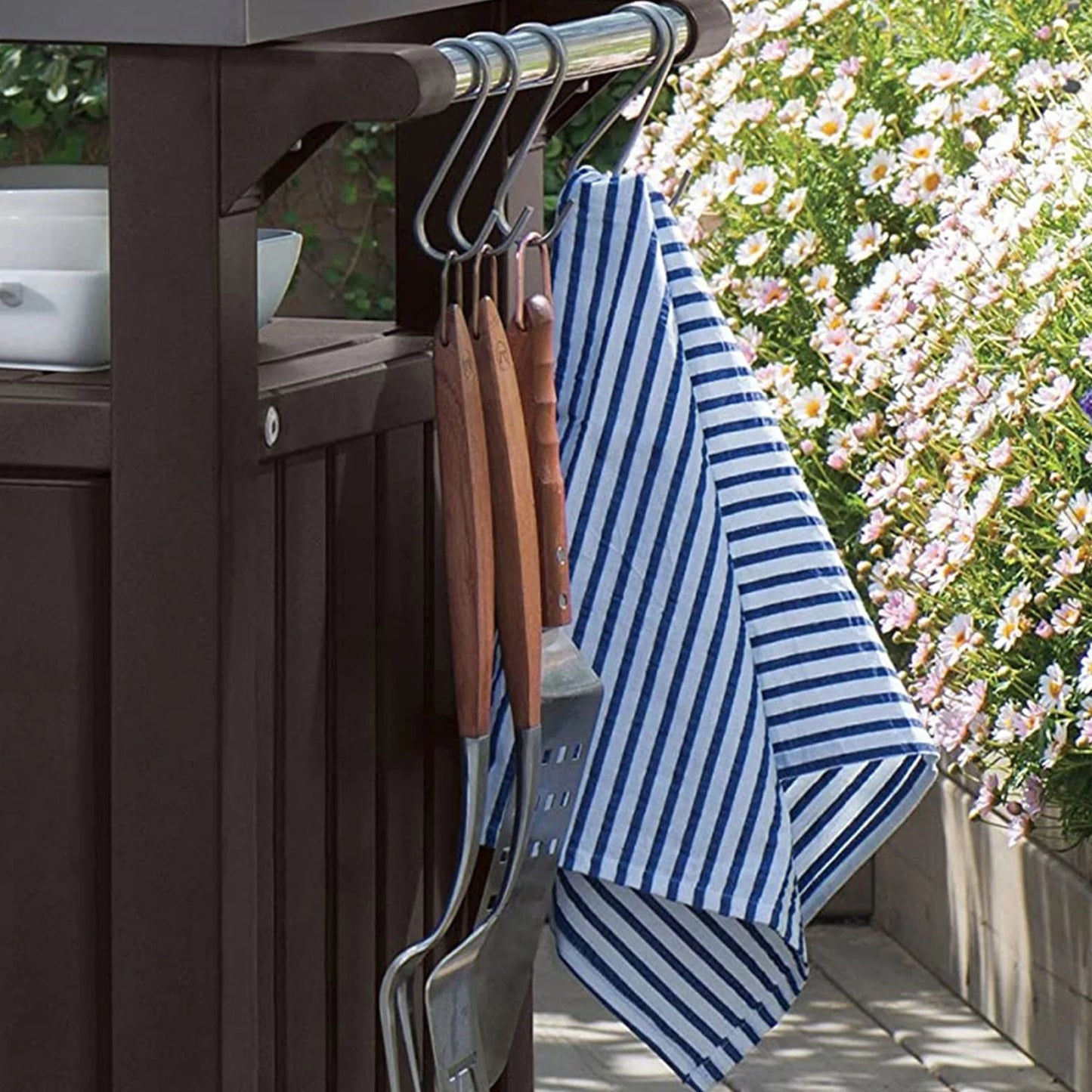 Keter Unity 40 Gal Patio Storage Grilling Bar Cart w/Stainless Top, Brown