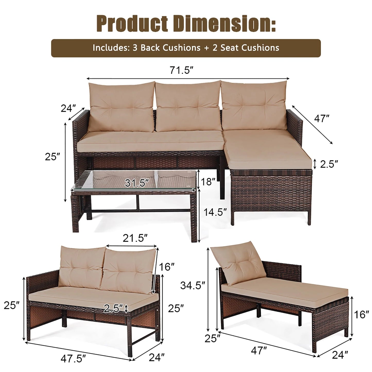 Costway 3PCS Patio Wicker Rattan Sofa Set Outdoor Sectional Conversation Set Garden Lawn Brown
