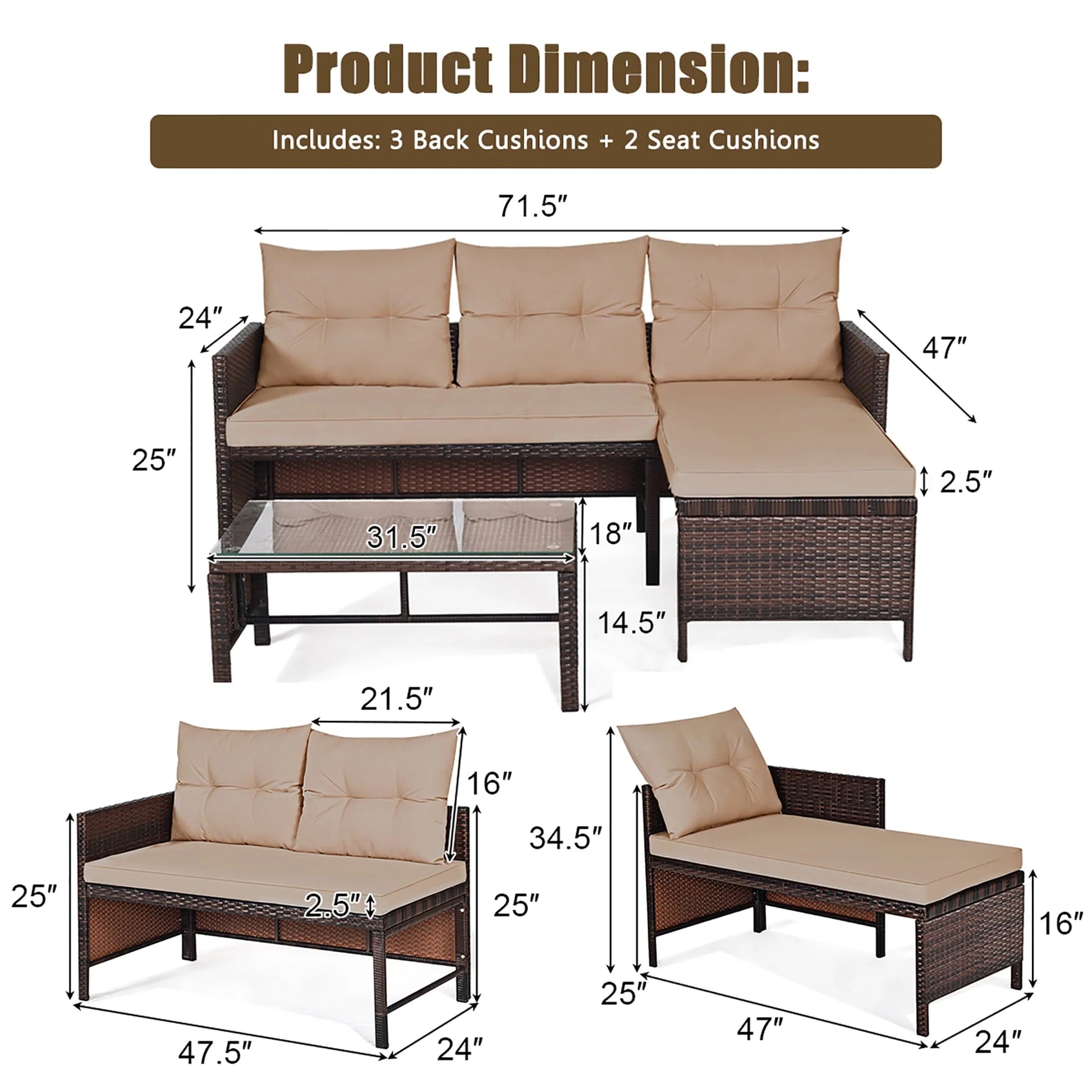 Costway 3PCS Patio Wicker Rattan Sofa Set Outdoor Sectional Conversation Set Garden Lawn Brown