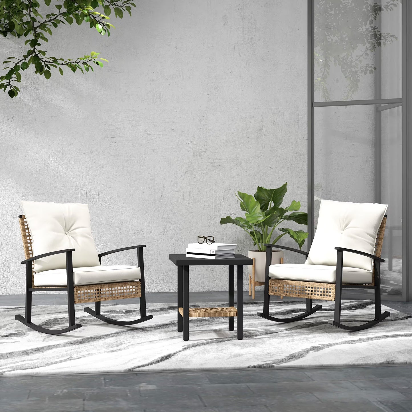 Outsunny 3 Pieces Patio Bistro Set, Wicker Furniture Set with Button Tufted Cushions, Rattan Rocking Chairs and Coffee Table, Dark Blue