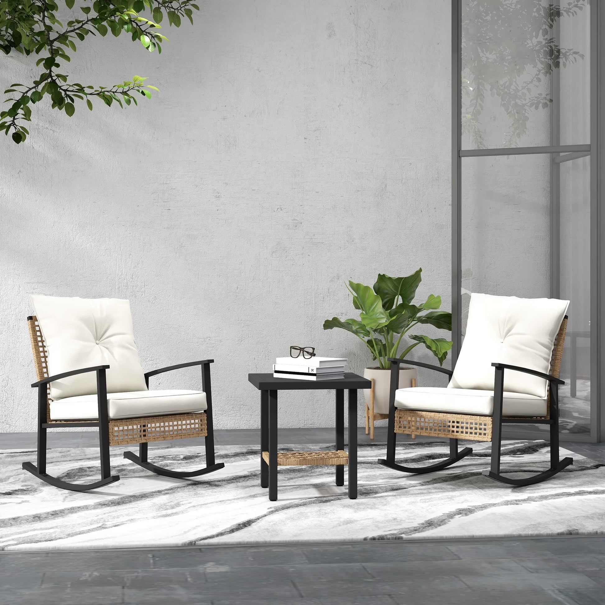 Outsunny 3 Pieces Patio Bistro Set, Wicker Furniture Set with Button Tufted Cushions, Rattan Rocking Chairs and Coffee Table, Dark Blue