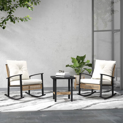 Outsunny 3 Pieces Patio Bistro Set, Wicker Furniture Set with Button Tufted Cushions, Rattan Rocking Chairs and Coffee Table, Dark Blue
