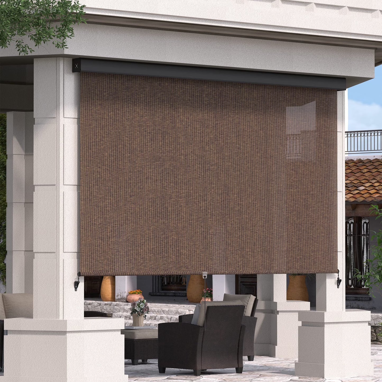 Vicllax Outdoor Patio Blinds Sun Shades Spring Roller Shade with Valance for Patio, Gray, 7'Wx8'H