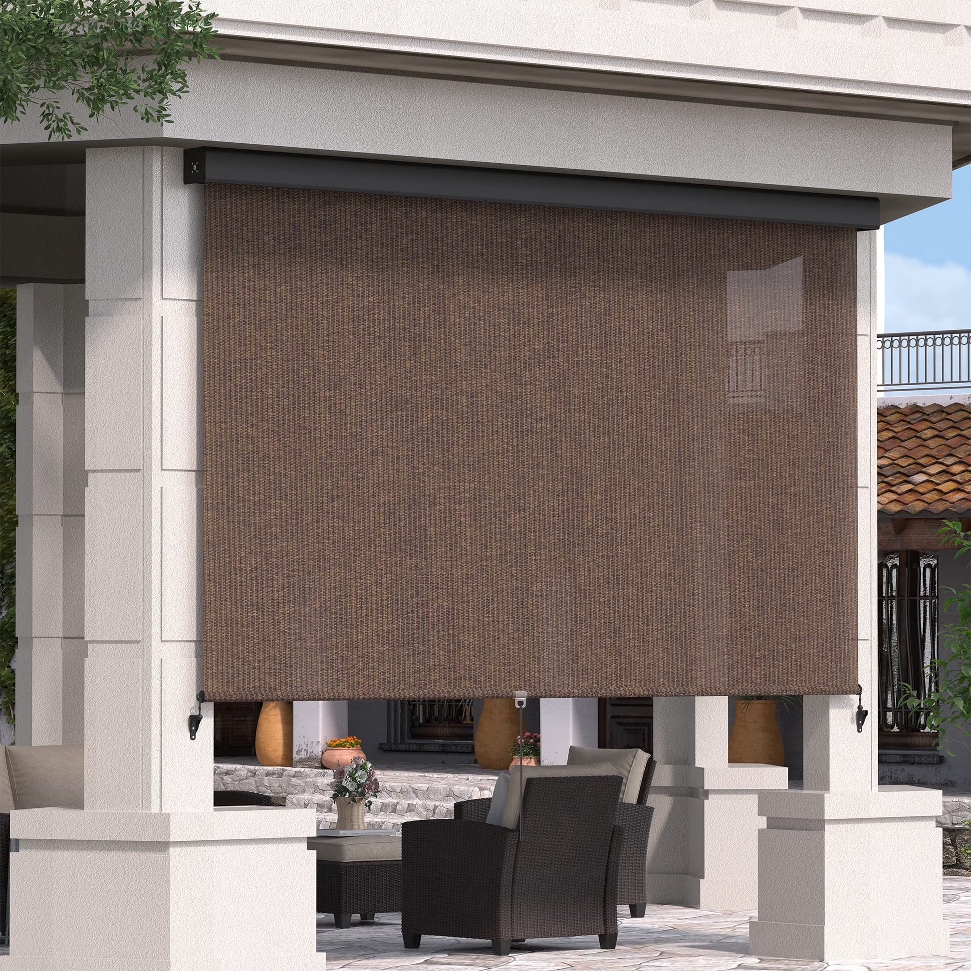 Vicllax Outdoor Patio Blinds Sun Shades Spring Roller Shade with Valance for Patio, Gray, 7'Wx8'H