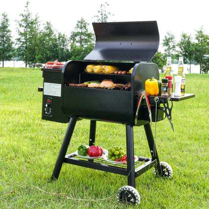 KingChii Pellet Grill Smoker with Side Shelf, 456 SQ.IN Grill with PID Temperature Control for Outdoor Cooking, BBQ Camping and Patio, Brown