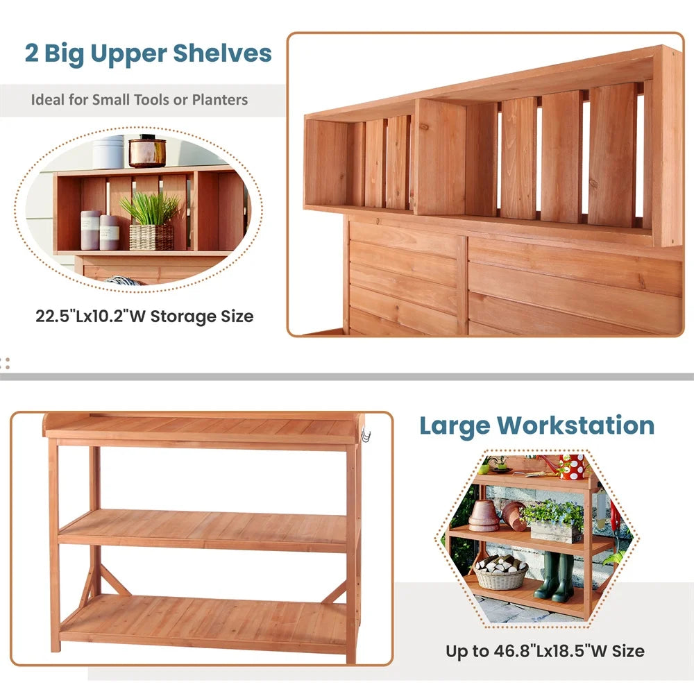 65" Outdoor Potting Bench Table, Farmhouse Wooden Garden Patio Workstation with 2 Upper Shelves, 2 Lower Shelves and 3 Side Hooks Multifunctional Work Bench Planting Table for Backyard Mudroom Natural