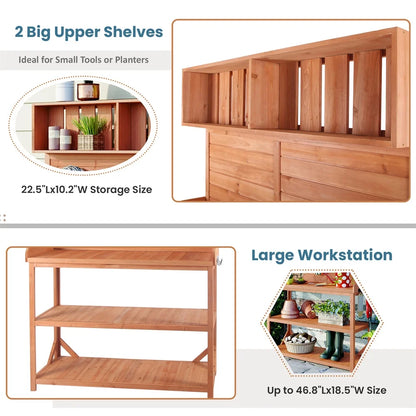 65" Outdoor Potting Bench Table, Farmhouse Wooden Garden Patio Workstation with 2 Upper Shelves, 2 Lower Shelves and 3 Side Hooks Multifunctional Work Bench Planting Table for Backyard Mudroom Natural