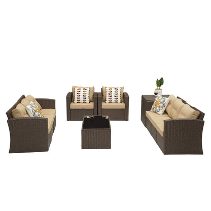 Superjoe 10 Pcs Patio Wicker Furniture Set Aluminum Frame Outdoor Sectional Conversation Sofa with Storage Box and Coffee Table,Beige