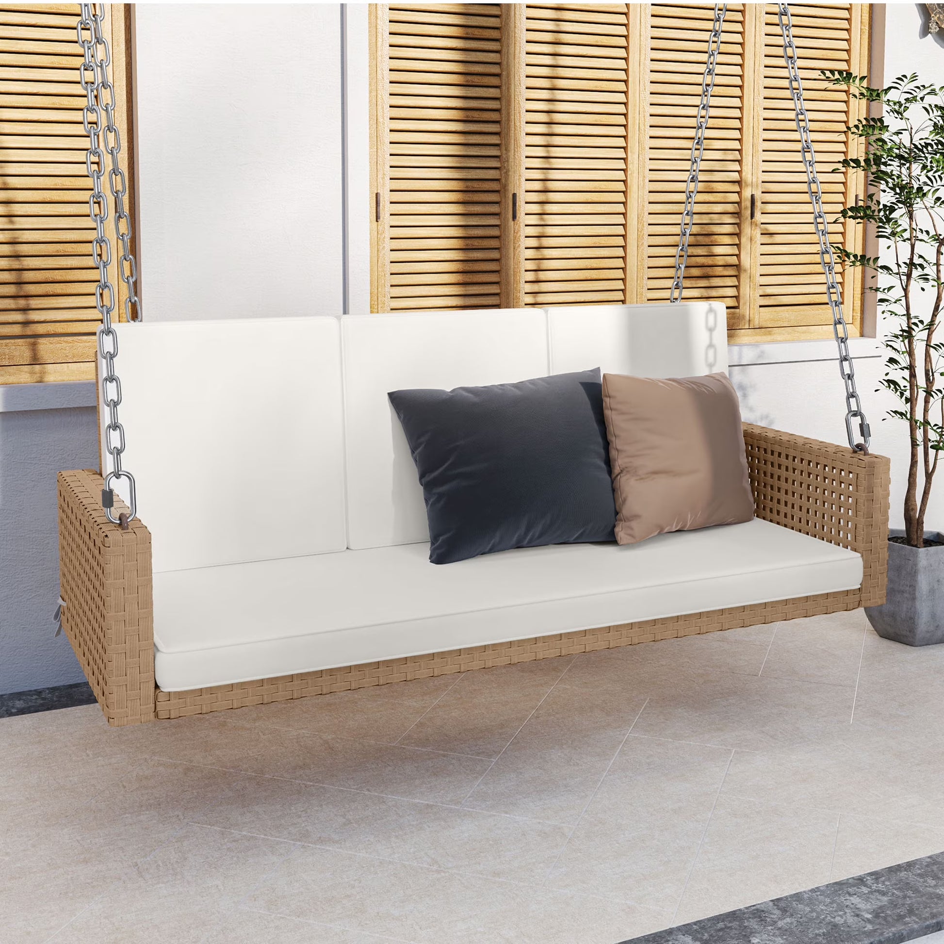 ModFusion 3-Seater Patio Rattan Porch Swing Chair Bench with Chains, Heavy Duty 880lbs, Beige