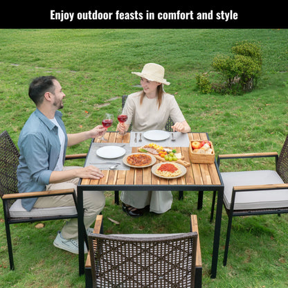 Enyopro 5 Piece Outdoor Patio Dining Table Set, Rattan Wicker Chairs & Acacia Wood Table with Umbrella Hole, All Weather Garden Furniture Conversation Set for Porch, Balcony, Backyard, Lawn