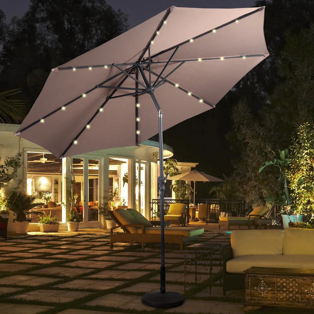 Costway 10ft Patio Solar Umbrella LED Patio Market Steel Tilt w/Crank Outdoor (Tan)