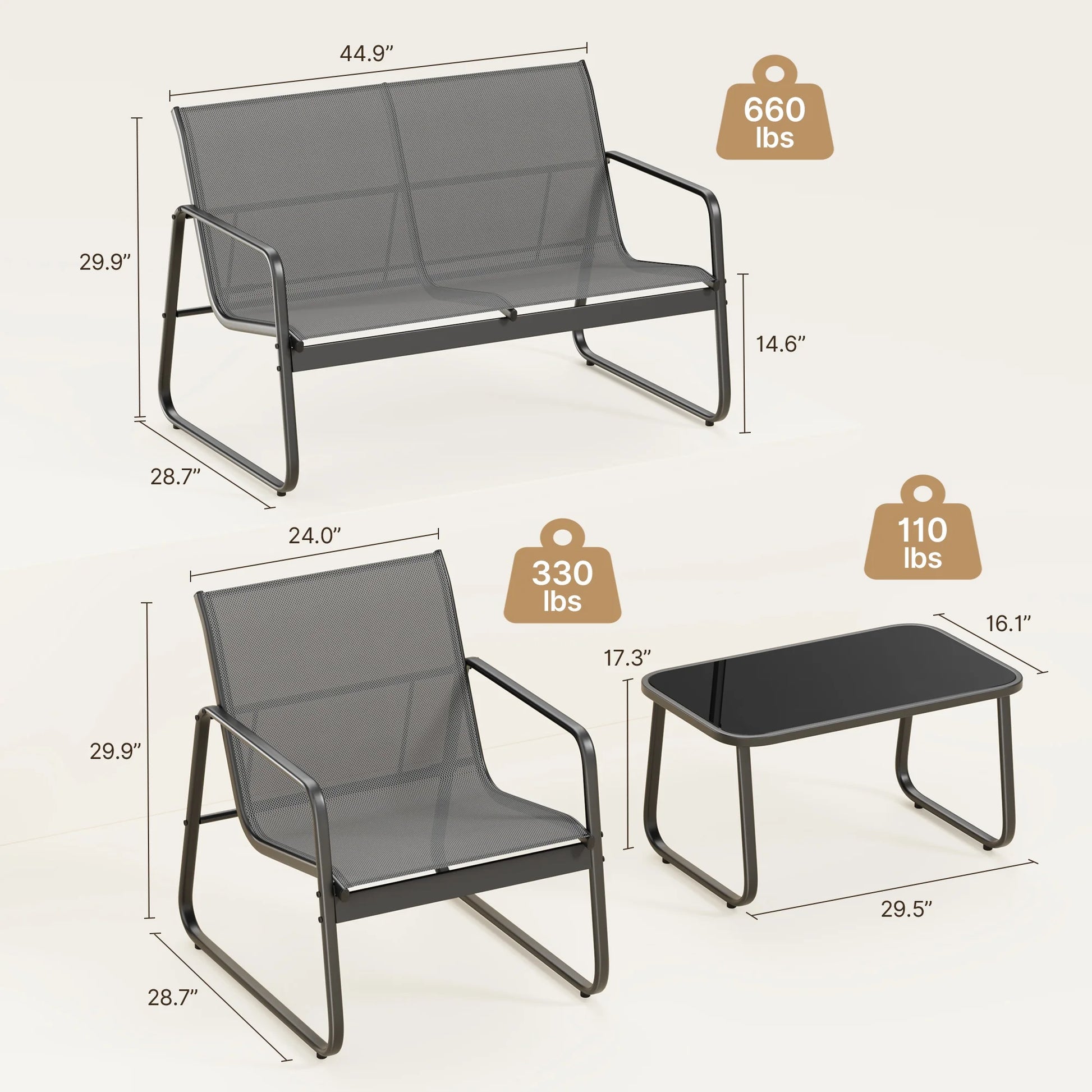 Jolifa 4 Pieces Outdoor Patio Furniture Set with 3 Chairs and 1 Metal Coffee Table for Backyard | Poolside | Porch, Gray