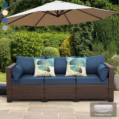 3-Seat Patio Wicker Sofa Outdoor Rattan Couch Furniture Steel Frame with High Back NO-Slip Cushioned, Blue