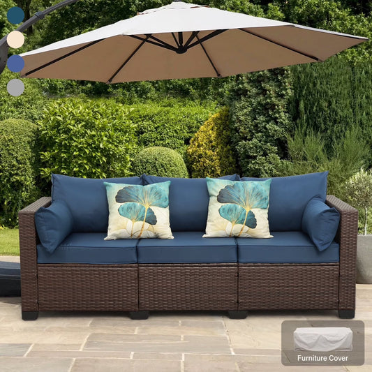 3-Seat Patio Wicker Sofa Outdoor Rattan Couch Furniture Steel Frame with High Back NO-Slip Cushioned, Blue
