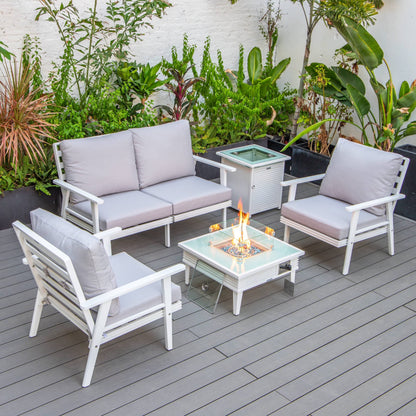 LeisureMod Walbrooke Modern Aluminum 5-Piece Patio Conversation Set with Outdoor Square Fire Pit Slats Design & Side Table Tank Holder, Charcoal