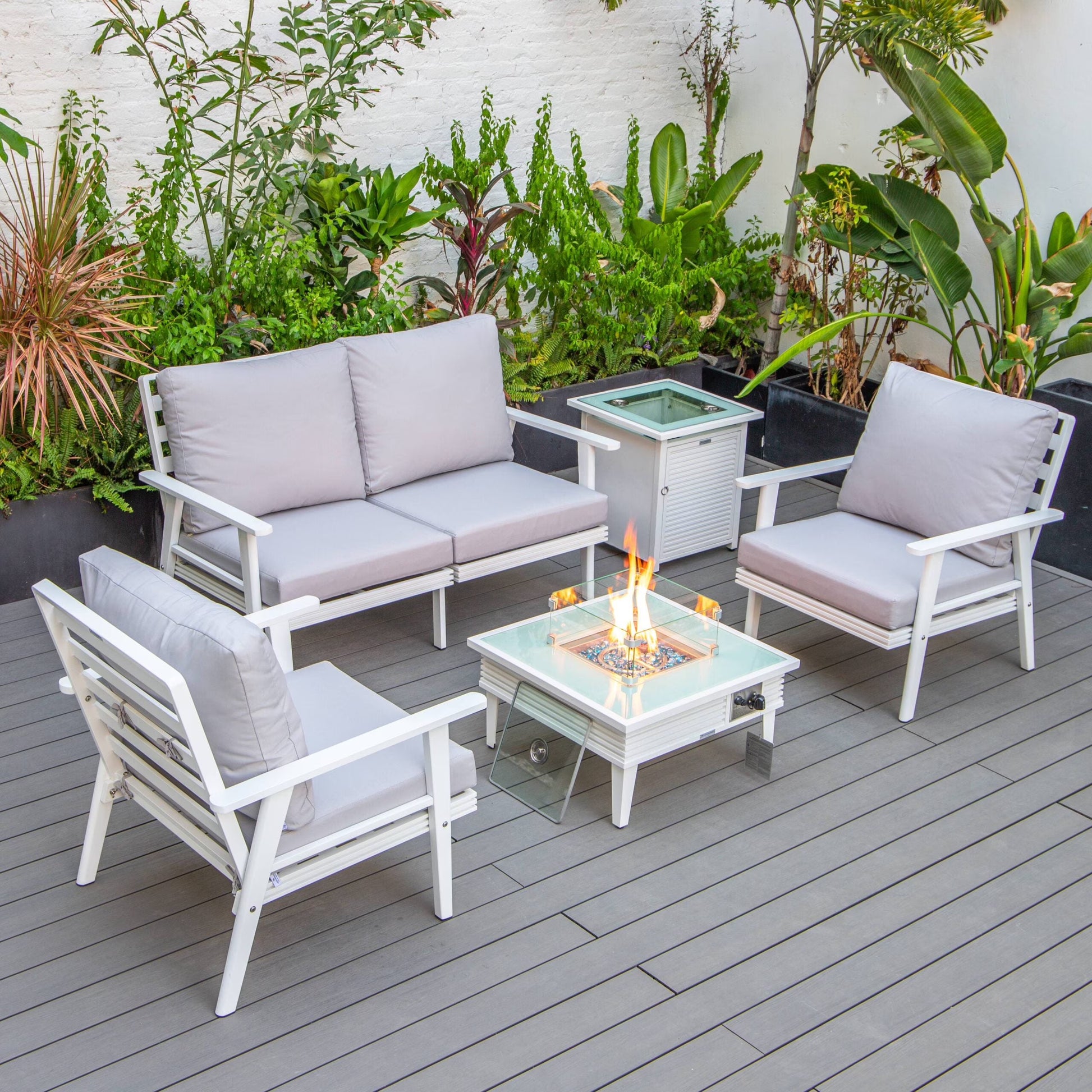 LeisureMod Walbrooke Modern Aluminum 5-Piece Patio Conversation Set with Outdoor Square Fire Pit Table with Slats Design & Side Table Tank Holder (Green)