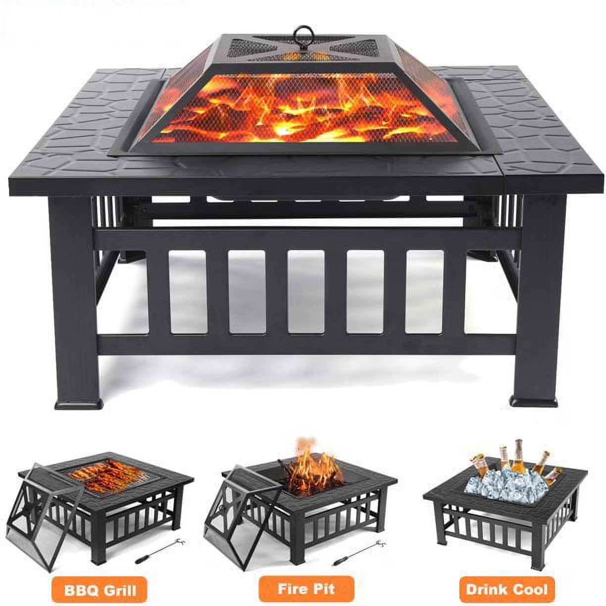 Fire Pits for Outside, DFITO 32" Wood Burning Fire Pit Tables with Screen Lid, Poker, Outdoor Fire Pit Patio Set, Patio Garden Stove Fire Pit/Ice Pit/BBQ Fire Pit, Black, GJ131