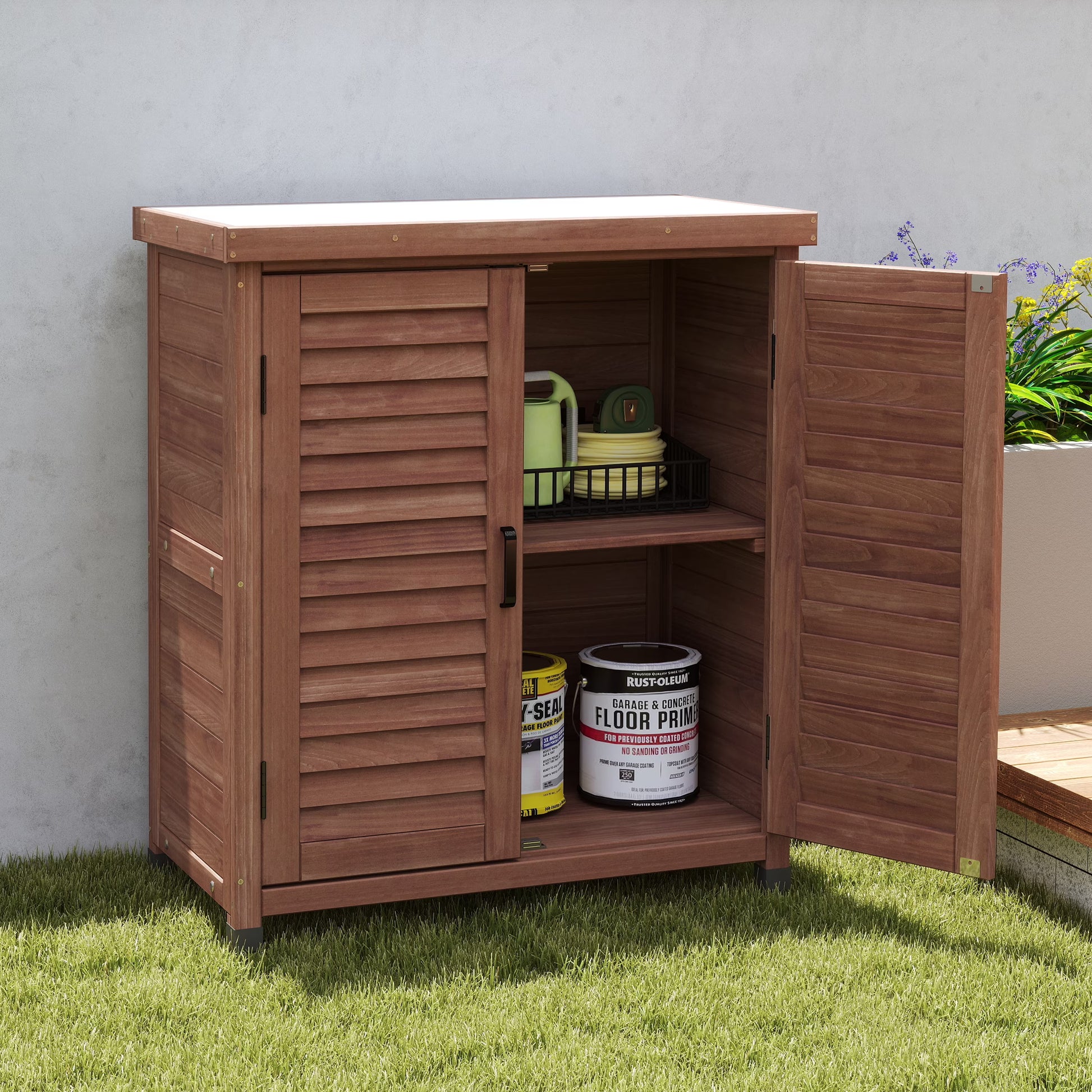 Funnil Outdoor Wooden Storage Cabinet & Potting Bench Table, Weather-Resistant Wooden Patio Furniture, Garden Workstation
