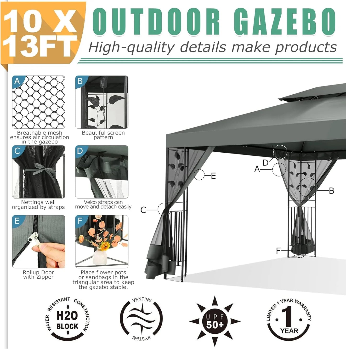COBIZI 10' x 13' Pop Up Gazebo, Screened Patio Gazebo, Outdoor Steel Double Roof Canopy Tent, Metal Frame Canopy with Mosquito Netting, Sunshade for Garden, Lawns, Gray