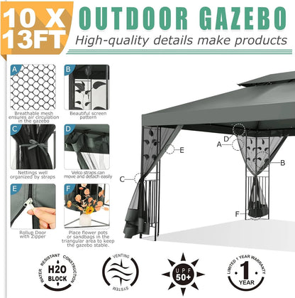 COBIZI 10' x 13' Pop Up Gazebo, Screened Patio Gazebo, Outdoor Steel Double Roof Canopy Tent, Metal Frame Canopy with Mosquito Netting, Sunshade for Garden, Lawns, Gray