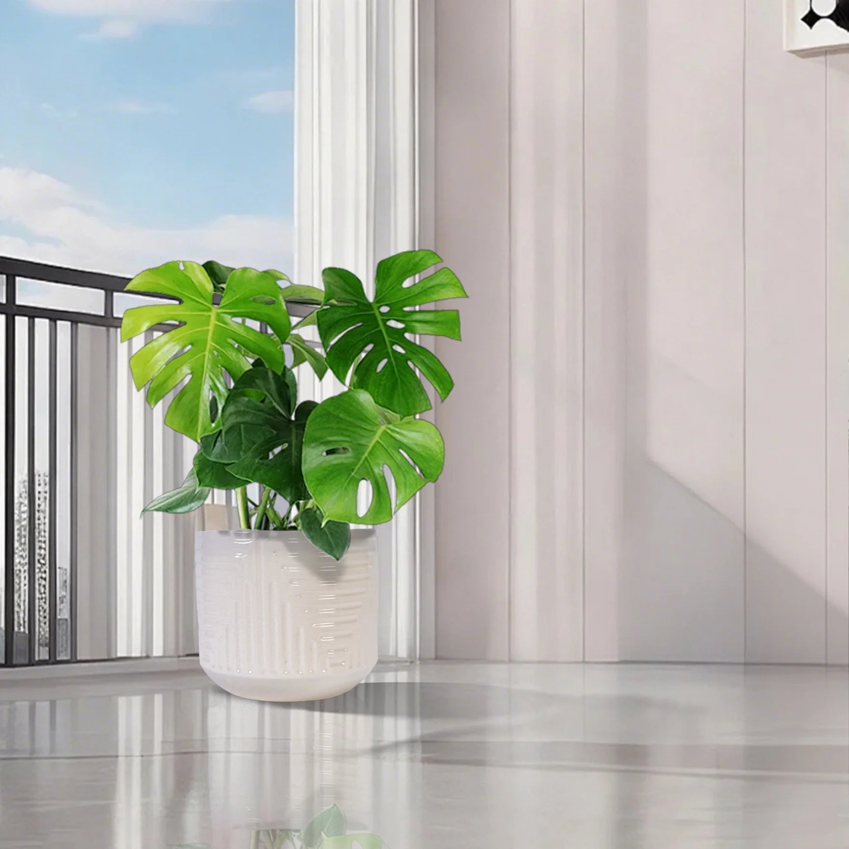 Modern Ceramic Flowerpot with Drainage Hole - Frost/Heat Resistant All-Weather Planter for Patio, Garden & Windowsill - White Glossy Finish, Ready-to-Use
