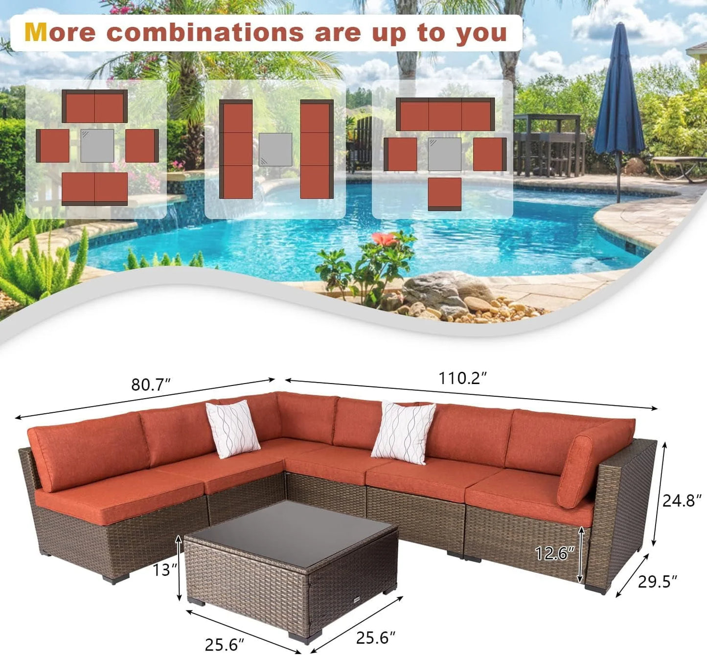 Kinbor 7pcs Outdoor Patio Furniture Set Wicker Sectional Sofa with Cushions, Maple Red