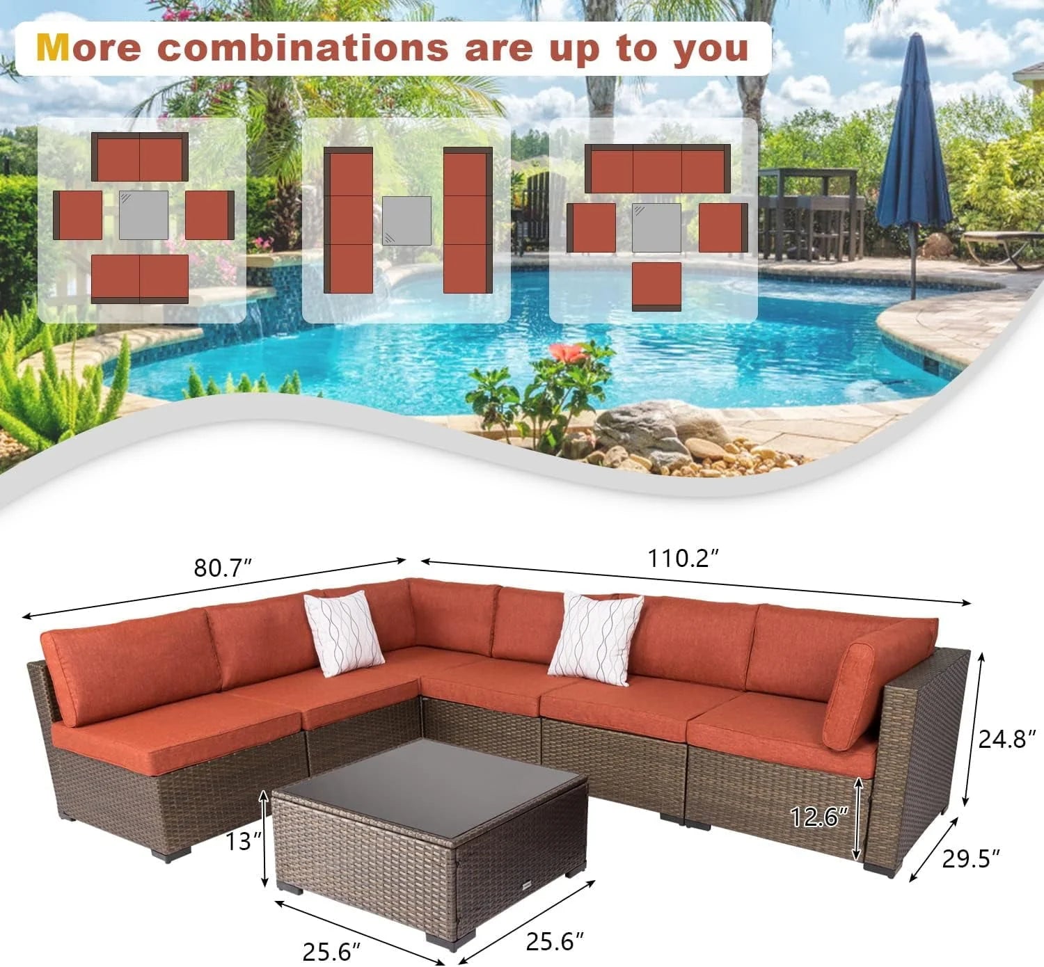 Kinbor 7pcs Outdoor Patio Furniture Set Wicker Sectional Sofa with Cushions, Maple Red