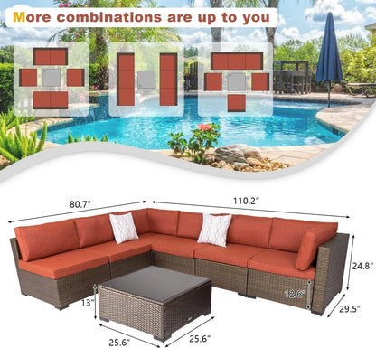 Kinbor 7pcs Outdoor Patio Furniture Set Wicker Sectional Sofa with Cushions, Maple Red