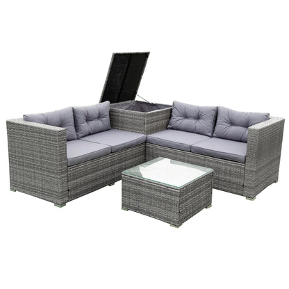 Patio Chat Set with Storage Box, 4 Piece Patio Wicker Furniture Set with Coffee Table, 2 Sofas, PE Rattan Outdoor Conversation Sectional Sofa Set with Gray Cushions for Backyard, Porch, Garden, L3579