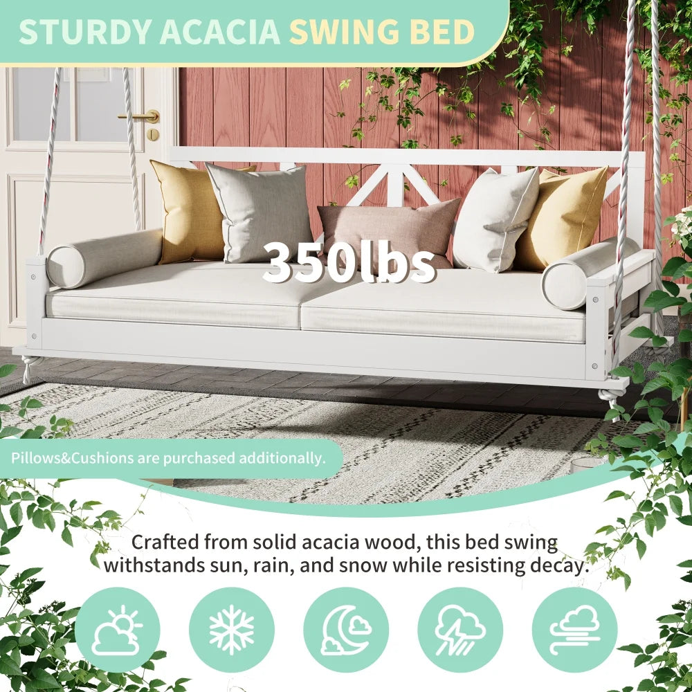 Patio Twin Size Swing Bed, A-cacia Wood Porch Swing Daybed with Hemp Ropes, Safe Sloped Design, Patio Hanging Swing Sofa Bed for Backyard, Garden, Pool, White
