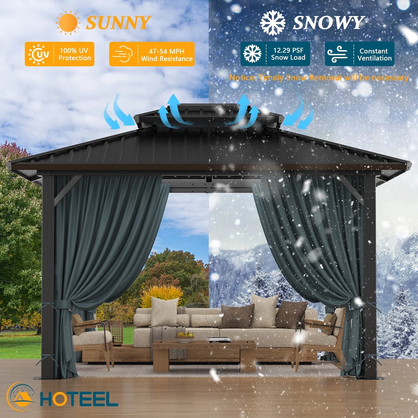 HOTEEL 10'x12' Hardtop Gazebo, Outdoor Steel Double Galvanized Roof Canopy, Aluminum Frame Permanent Pavilion Metal Gazebo with Curtains and Nettings, Sunshade for Patios, Gardens, Lawns, Black
