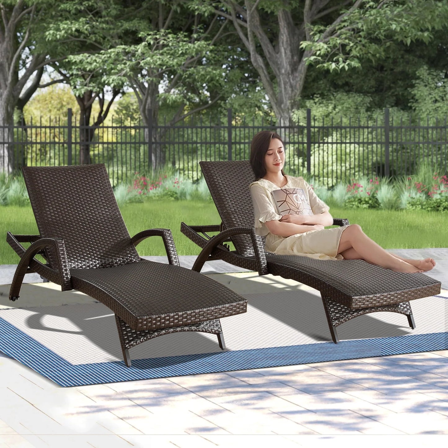 Ulax Furniture Outdoor Woven Padded 2 Pieces Aluminum Chaise Lounge Chairs Patio Armed Lounger Adjustable Chair with Wheels and Quick Dry Foam(Dark Brown)