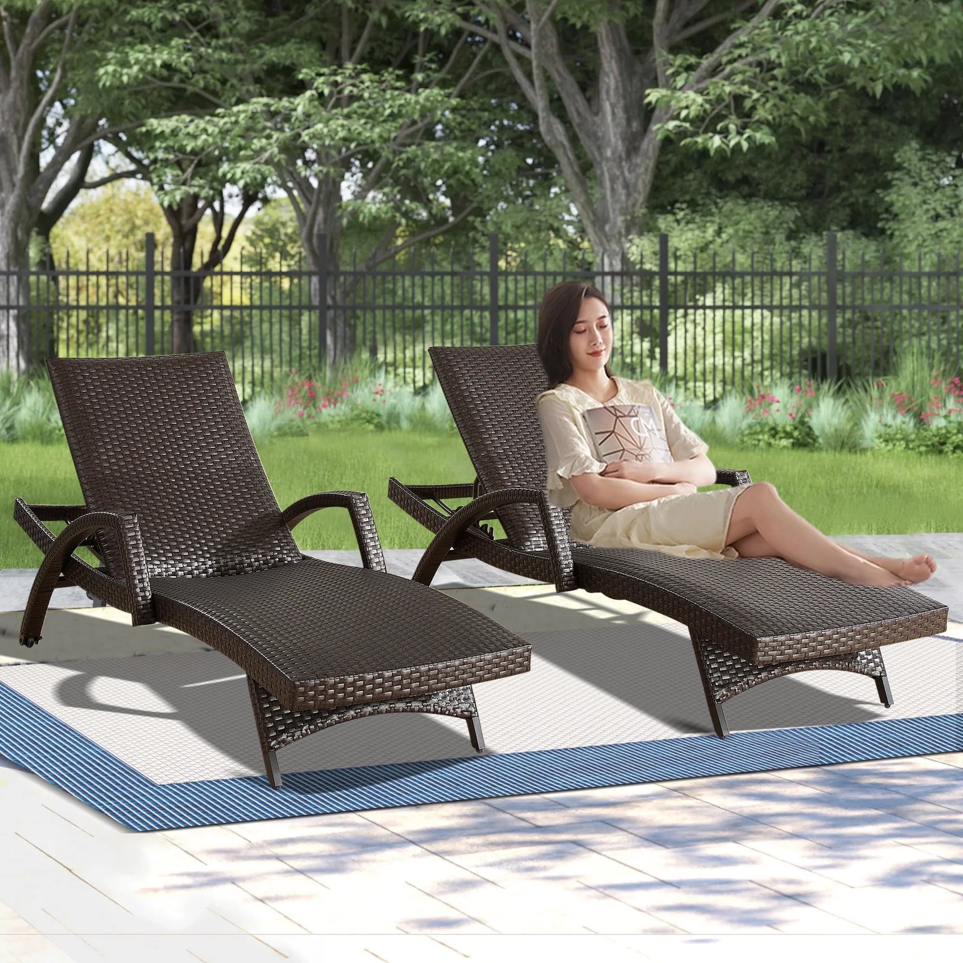 Ulax Furniture Outdoor Woven Padded 2 Pieces Aluminum Chaise Lounge Chairs Patio Armed Lounger Adjustable Chair with Wheels and Quick Dry Foam(Dark Brown)