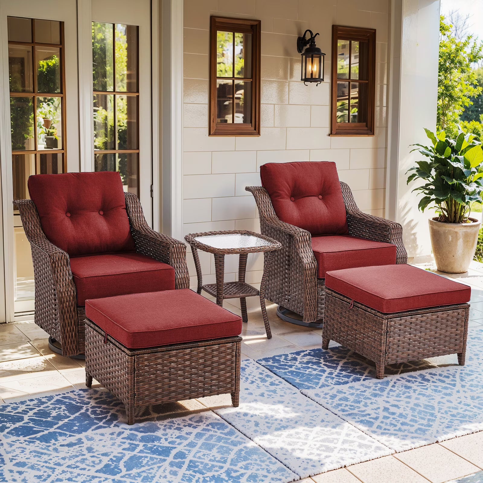 Bellefurn Outdoor Patio Furniture Set with Fire Pit and Swivel Rocker Chair,High-Back Wicker Outdoor Conversation Sets with 3 Seater Couch and Side Table Set for Porch,Deck,Garden