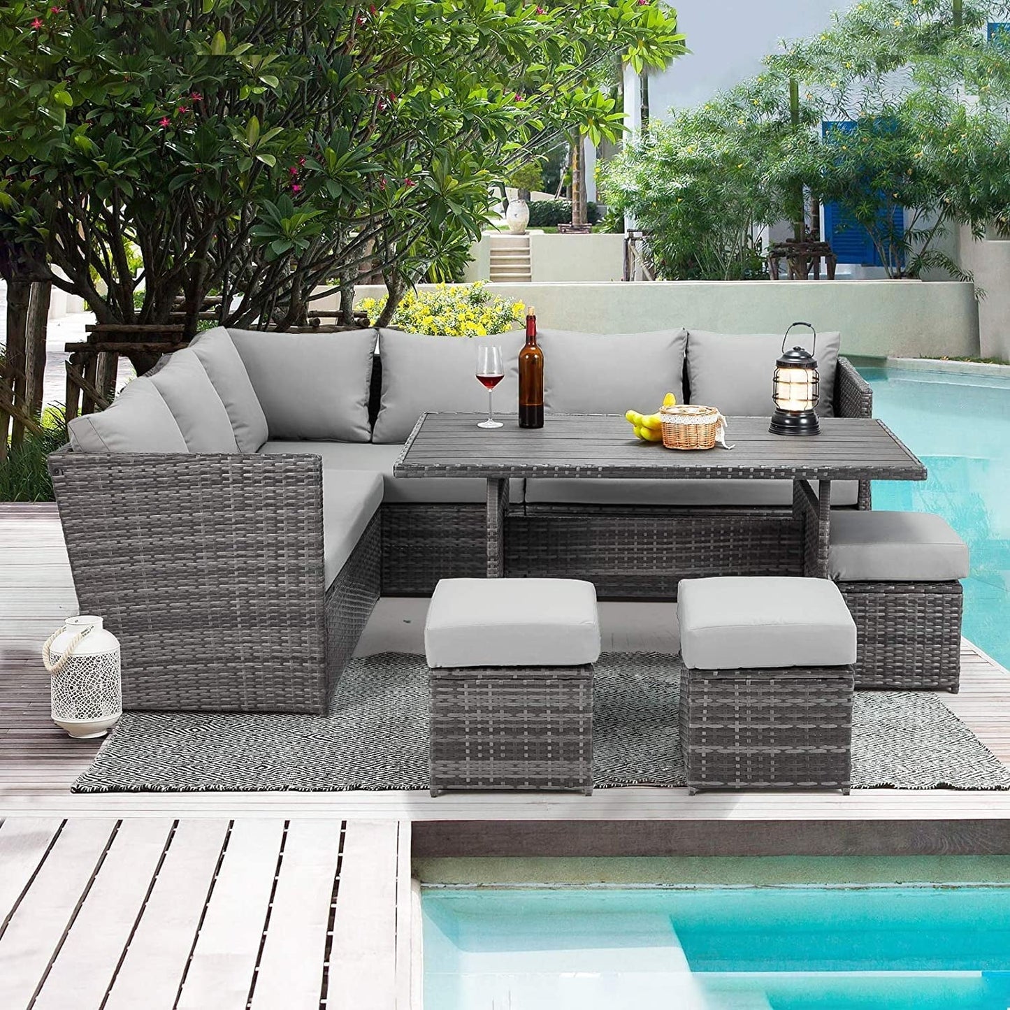 AECOJOY 7 Piece Patio Conversation Set, Outdoor Sectional Sofa Rattan Wicker Dining Furniture, Gray