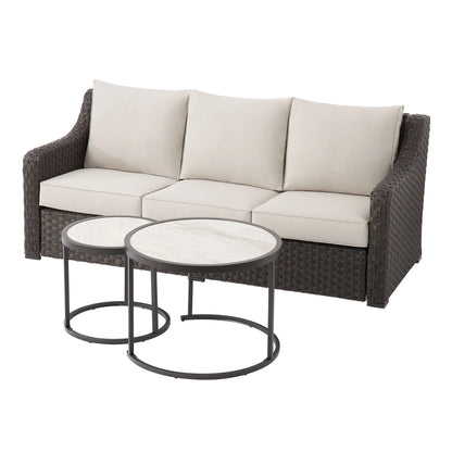 Better Homes & Gardens River Oaks Outdoor Sofa & 2 Nesting Tables with Patio Cover, Dark Brown