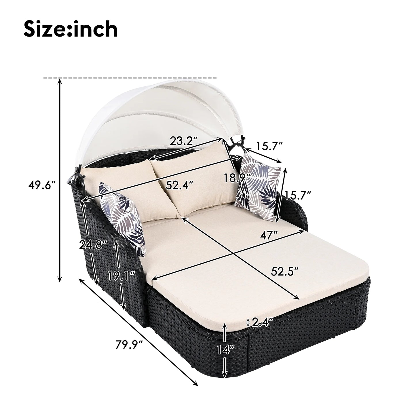 Harper & Bright Designs Rattan Outdoor Double Lounge Chaise 2-Person PE Wicker Outdoor Patio Sunbed with Canopy Cover for Backyard Garden Balcony, Beige+Black