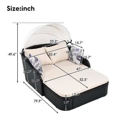 Harper & Bright Designs Rattan Outdoor Double Lounge Chaise 2-Person PE Wicker Outdoor Patio Sunbed with Canopy Cover for Backyard Garden Balcony, Beige+Black