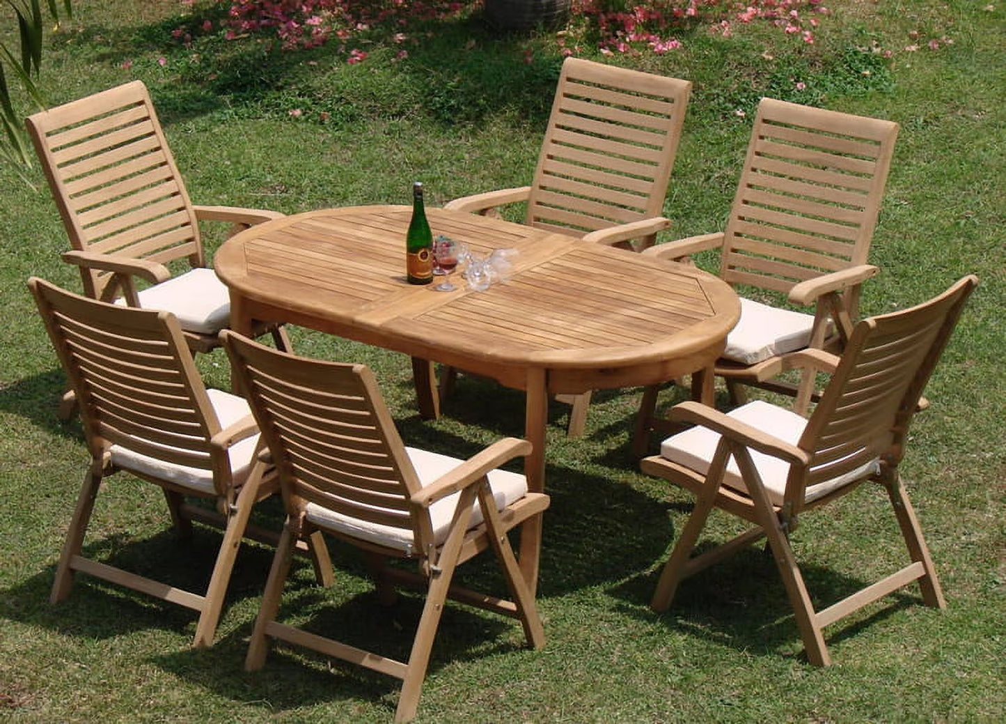 Teak Dining Set:6 Seater 7 Pc - 94" Oval Table And 6 Ashley Reclining Arm Chairs Outdoor Patio Grade-A Teak Wood WholesaleTeak #WMDSAS9