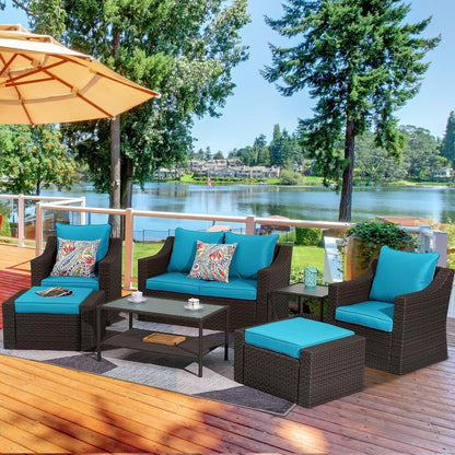 CozyHom 7 Piece Outdoor Patio Furniture Sofa Set, Outside Sectional Sofa Rattan Wicker Dining Furniture Conversation Couch Sets with Ottoamns, Blue
